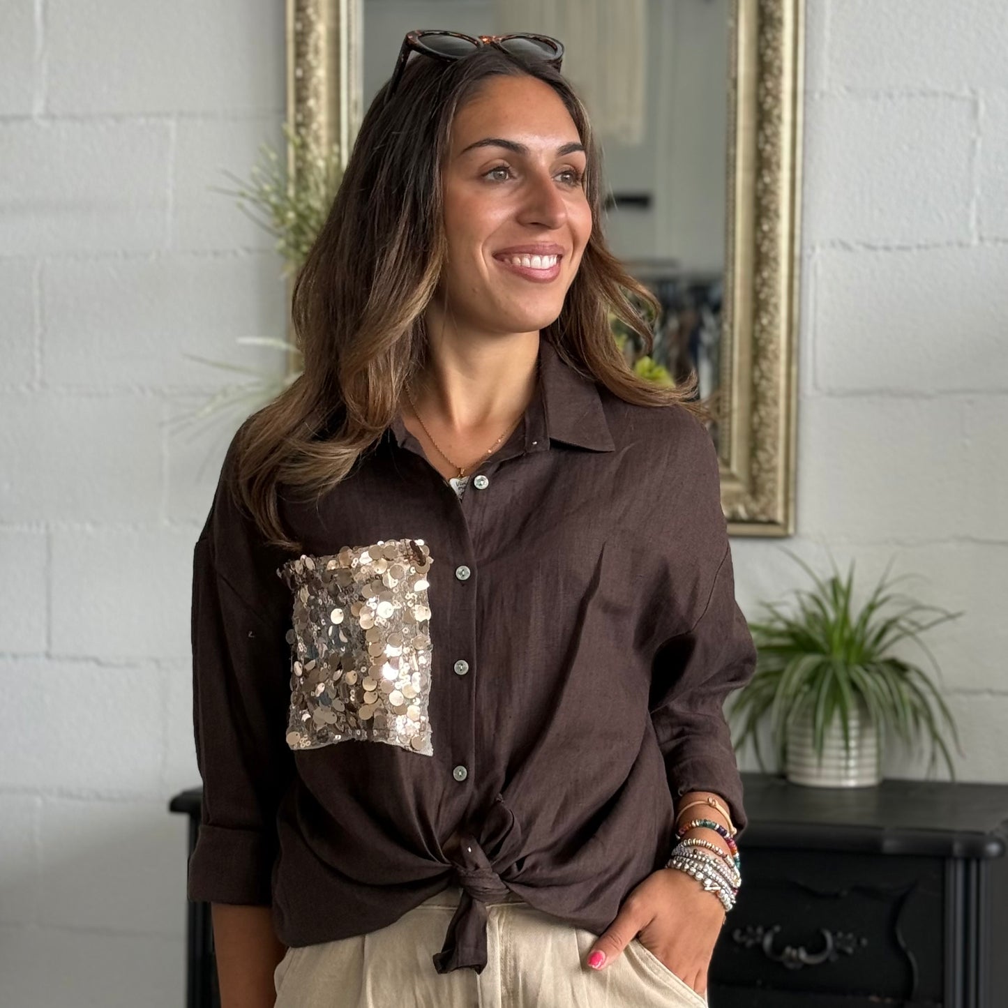 Camicia in Lino con Paillettes Oro MUST HAVE
