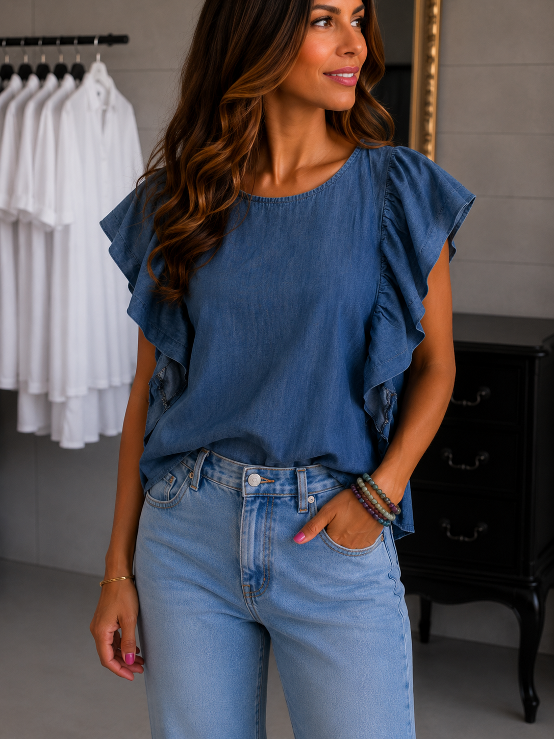 Camicia volant Chambray
