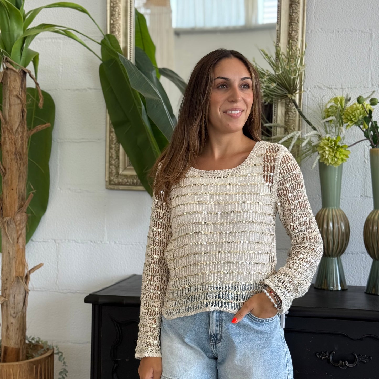 Maglioncino crochet crop con paillettes