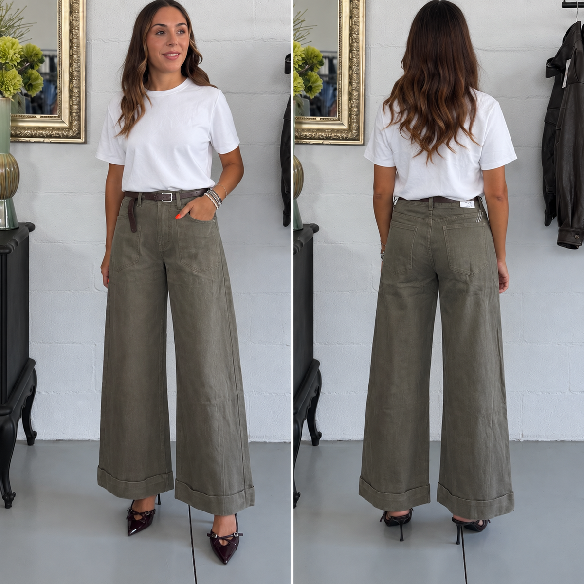Jeans Wide Leg Militare con risvolto e cintura