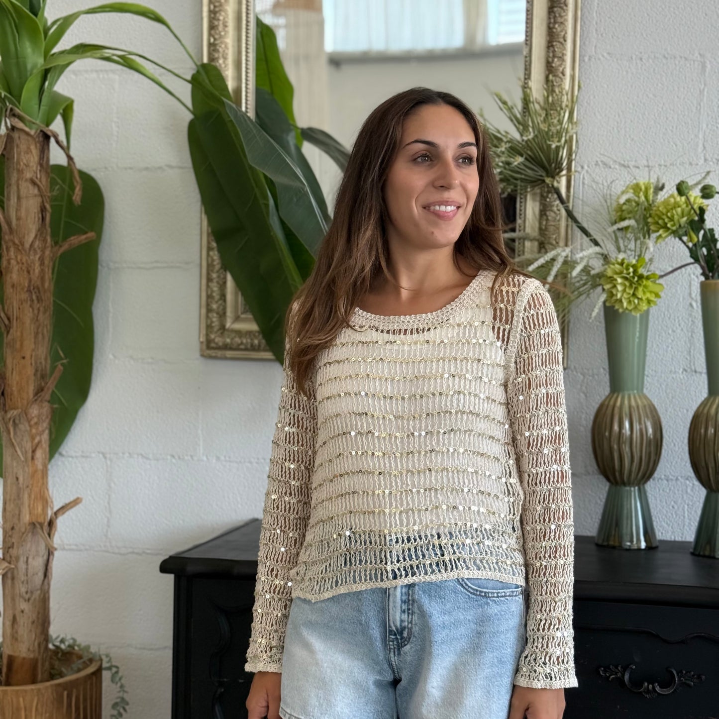 Maglioncino crochet crop con paillettes