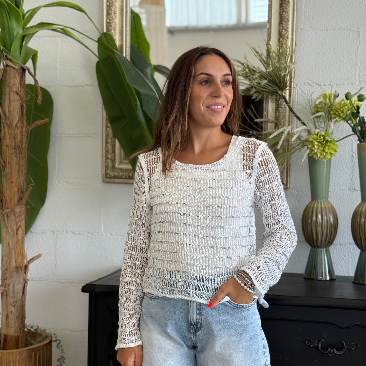 Maglioncino crochet crop con paillettes