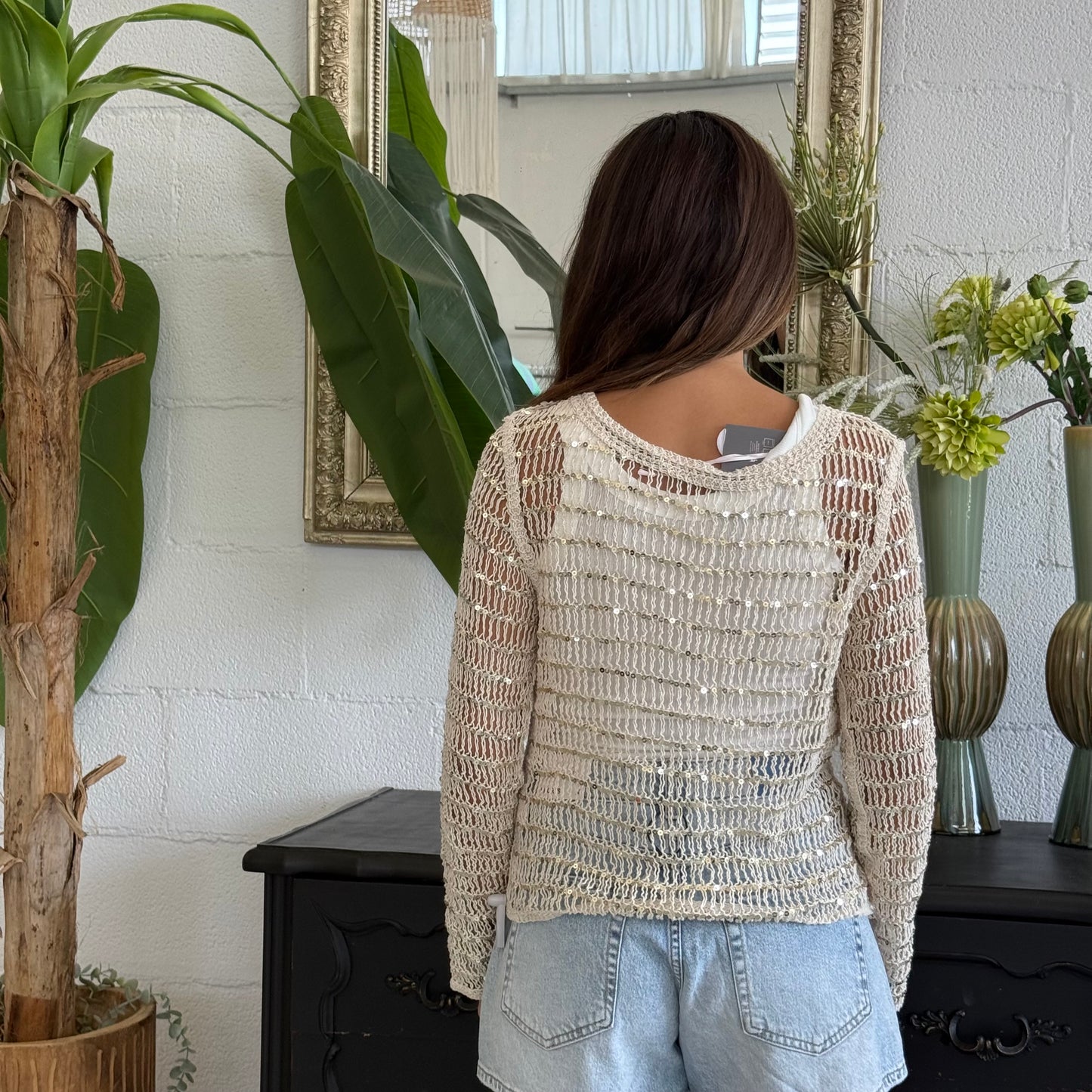 Maglioncino crochet crop con paillettes