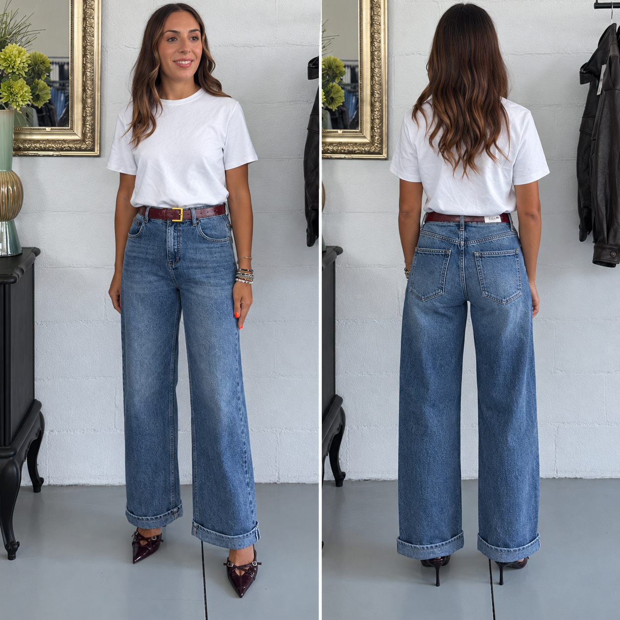 Jeans Wide Leg con risvolto e cintura Burgundy