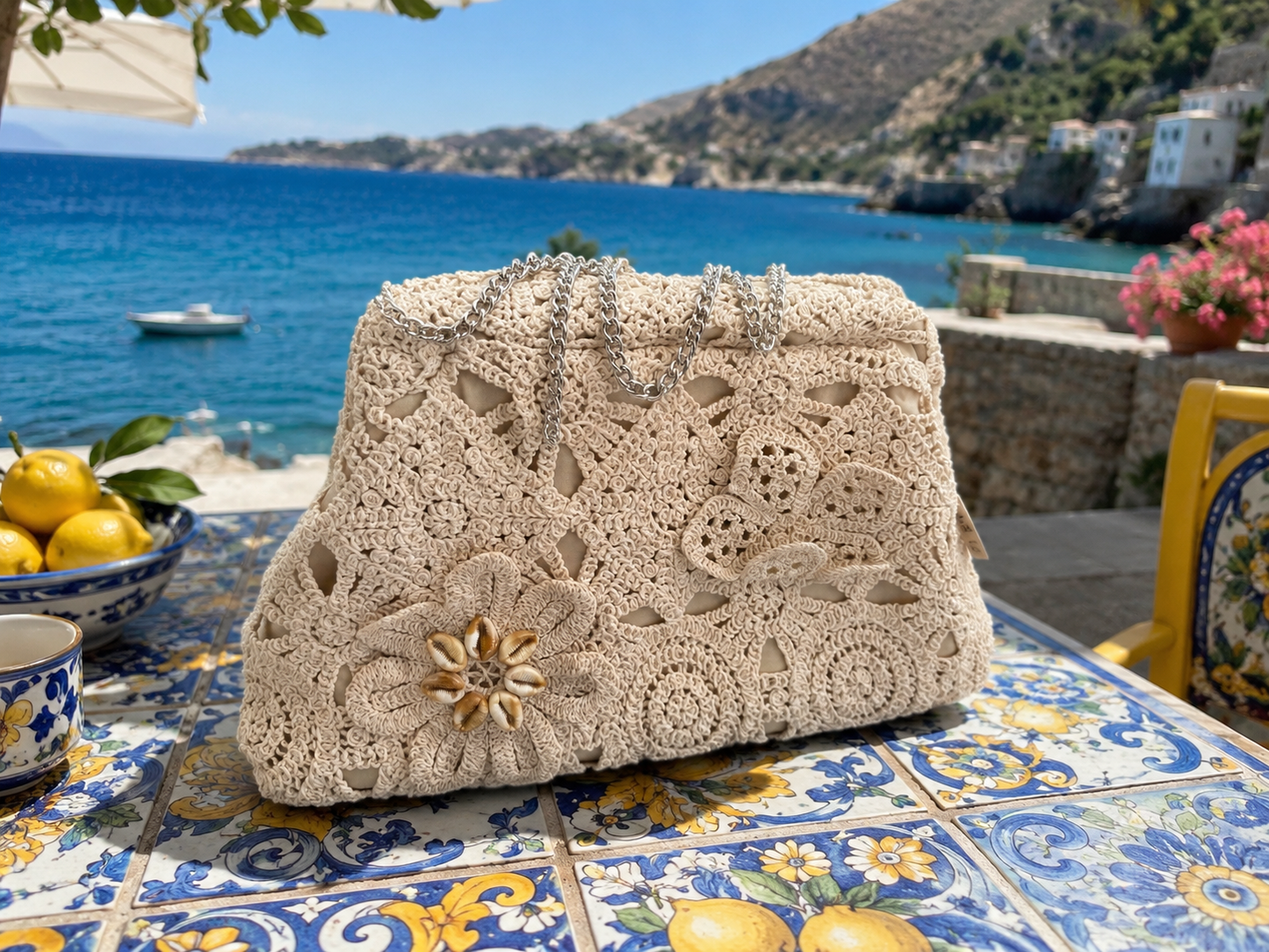 Cluch in crochet con conchiglie