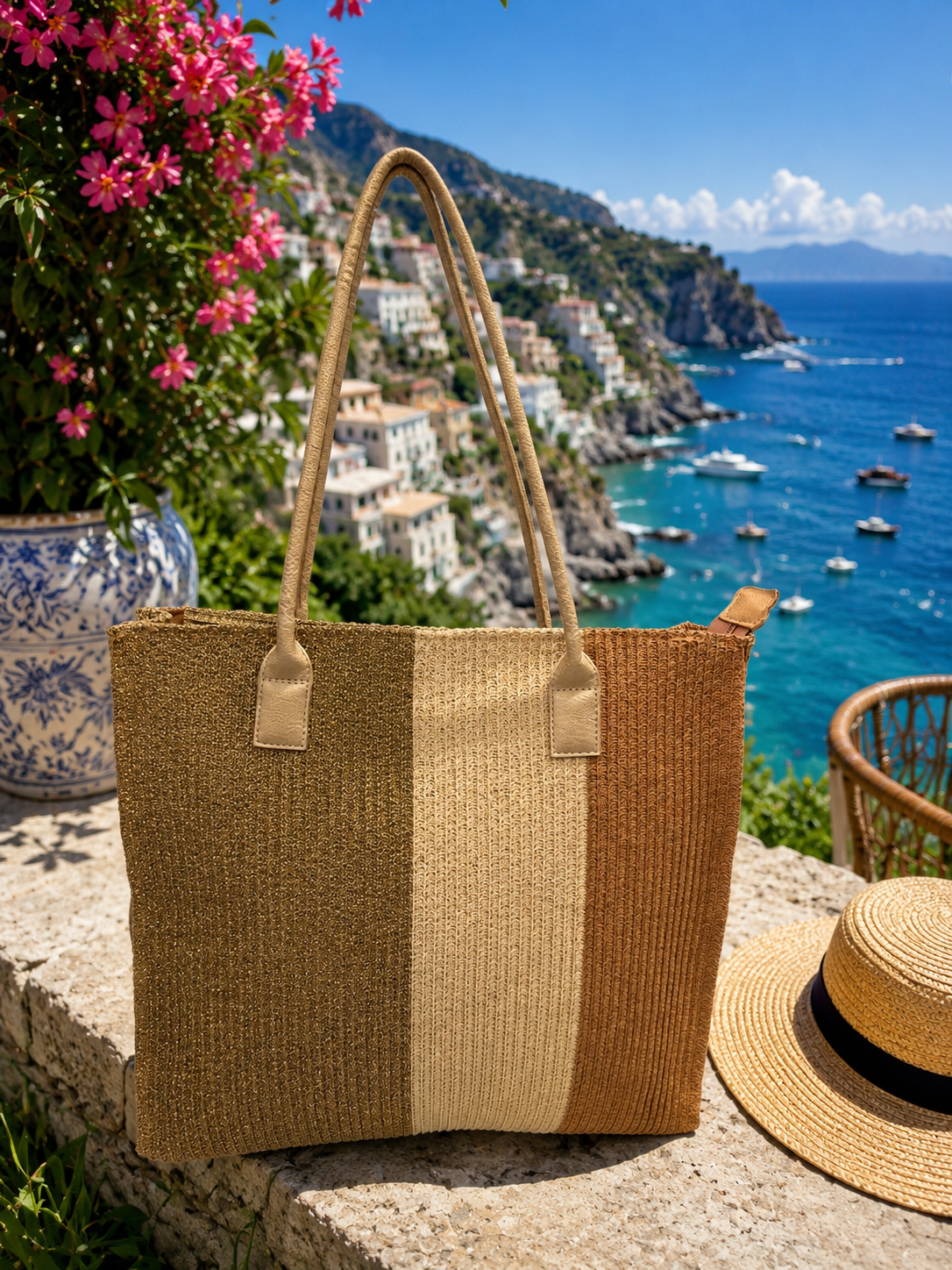 Borsa paglia con dettagli dorati